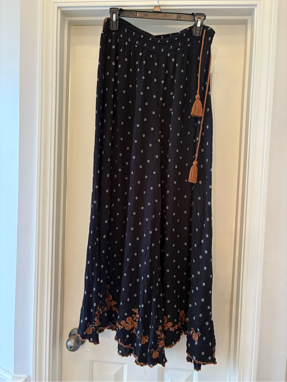 Free People Black Wide Leg Palazzo Pants Embroidered Tassel Tie Women’s M